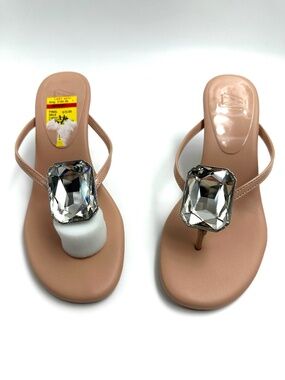 AAJ By Aminah Slippers  Tan Thong Heel Sandals with clear Gem Accent